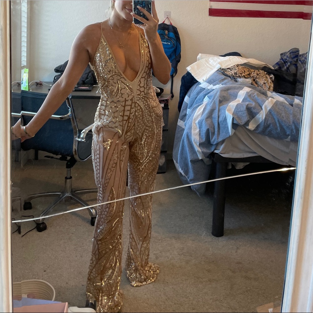 pretty little thing gold sequin jumpsuit